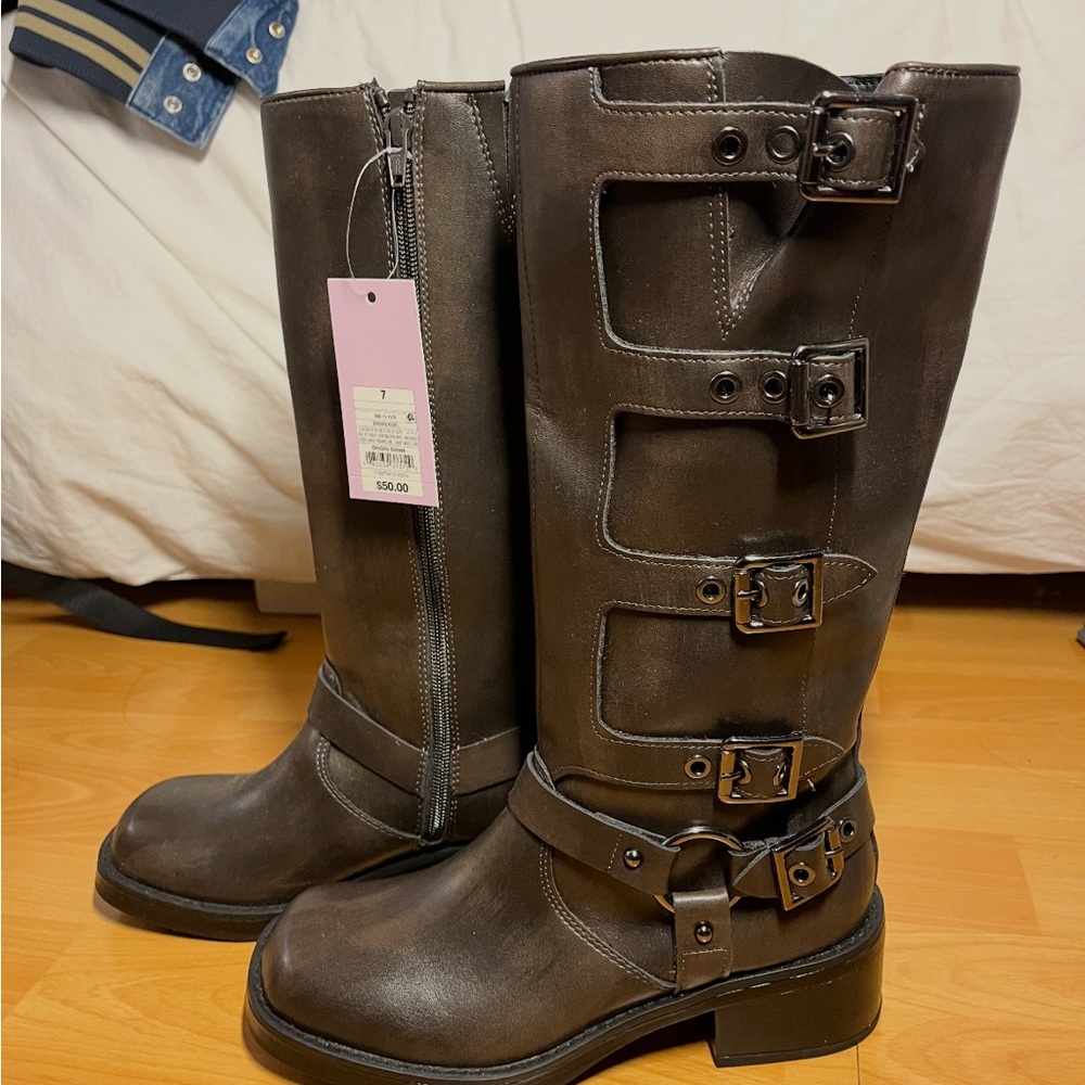 Wild Fable Faux Leather Brown Leather Rebel Tall Moto Buckle Boots